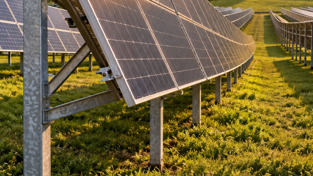 Structură fotovoltaică la sol cu panouri în portret pe două rânduri și culoar de întreținere