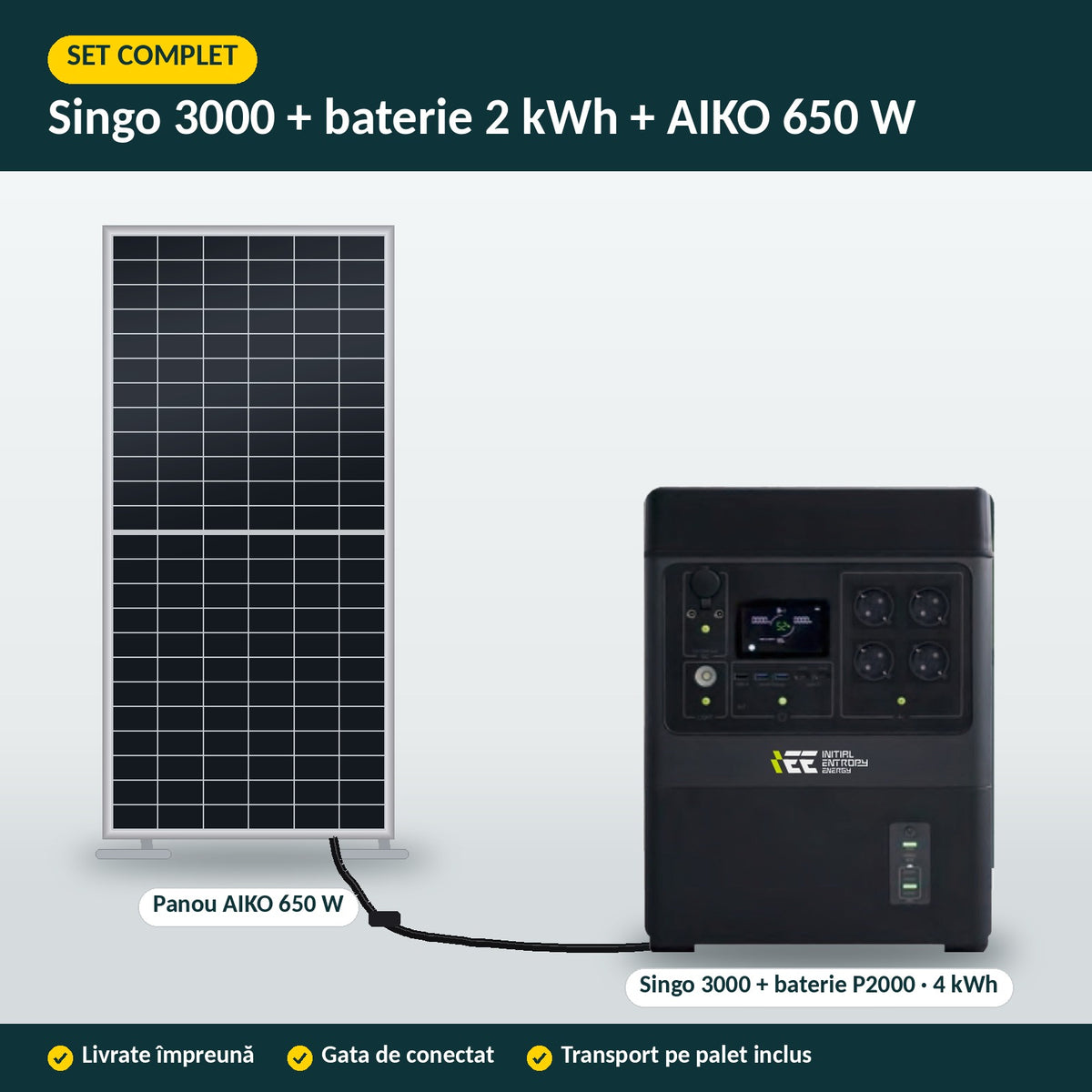 Set complet: stația Singo 3000 cu bateria P2000, conectată la panoul AIKO 650 W