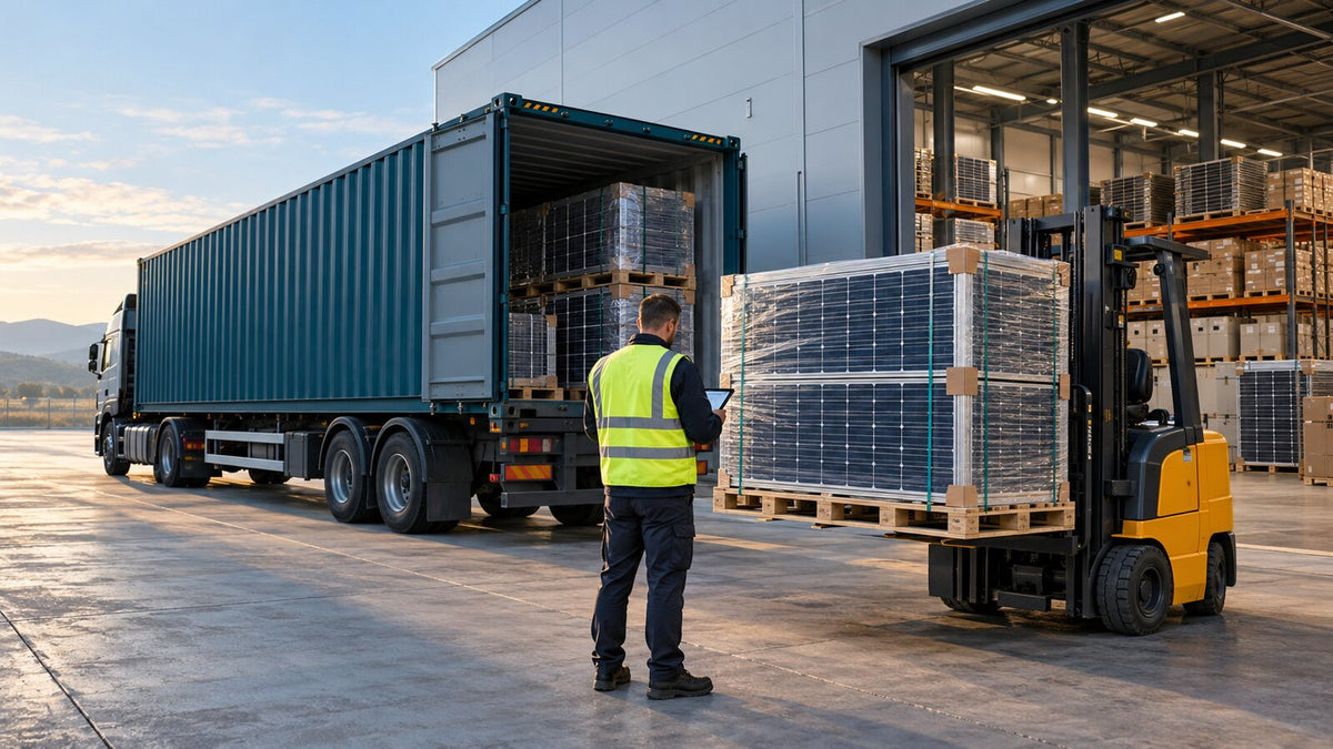 Descărcarea unui container cu paleți de panouri fotovoltaice la depozit
