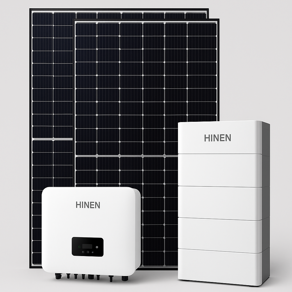 Set 8 Fotovoltaic Premium Trifazat 10.23 KW – 22× AIKO Solar 465 W Eficiența 23,3% + Invertor Hinen 10 kW + Baterie Hinen HV 23,1 kWh, Smart meter trifazat  In STOC